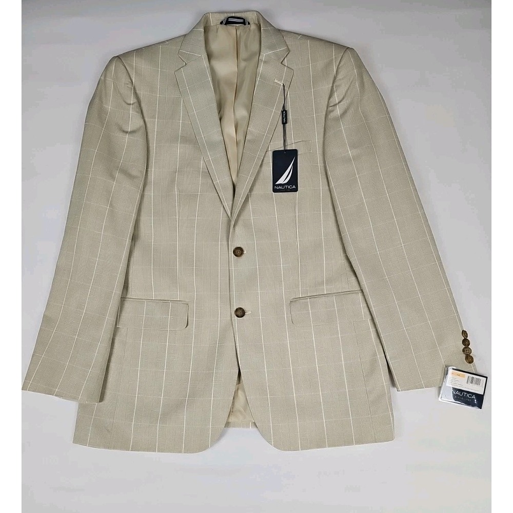 New Nautica Harbor Suit Jacket Blazer Tan Glenplaid Check 44 Long Dlb‎ Vent
